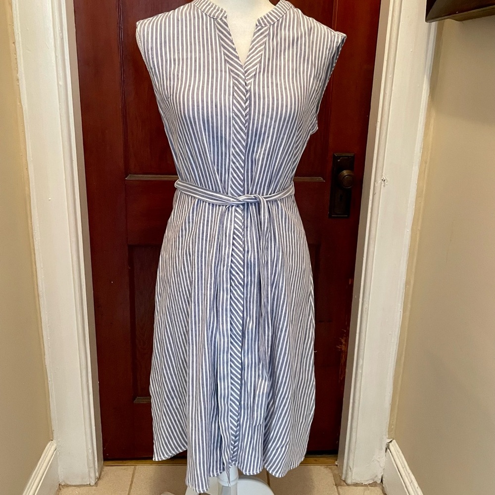 Tahari Coastal Blue/White Stripe Linen Dress